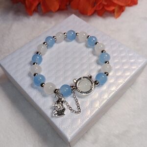 Elegant Blue and White Beaded Bracelet with Bunny Charm